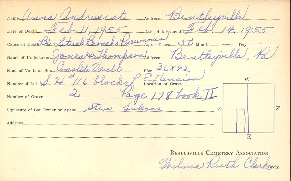 Anna A. Andruscak burial card